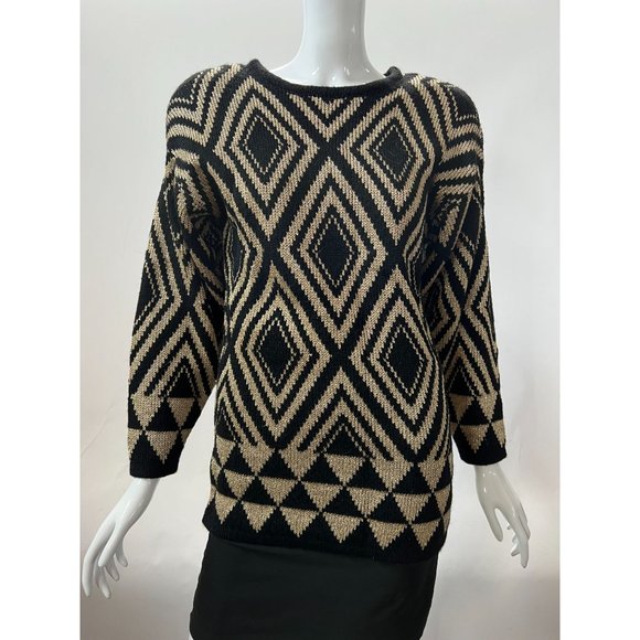 Destinee Vintage Abstract Tunic Sweater  Small Black, Gold Wool Blend - Picture 16 of 16